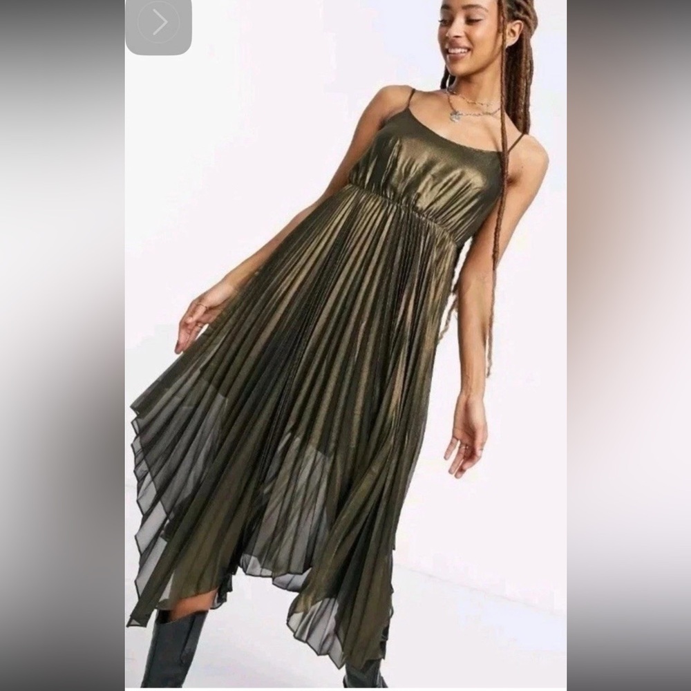AllSaints Lerin Lydi Gold Metallic Pleated Sleeveless Asymmetric Midi Dress